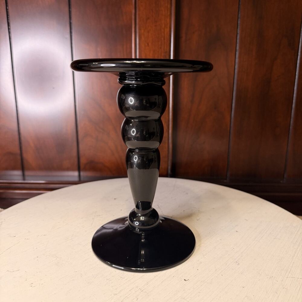 MCM Vintage Black Hand Blown Glass Pillar Candle Holder Pedestal 6.5”